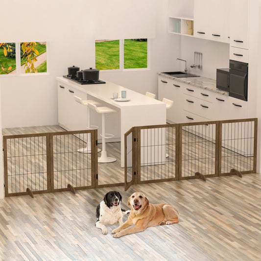 Elegant 144" Foldable Wooden Dog Gate with Door – 6-Panel Pet Barrier for Stylish Indoor Spaces