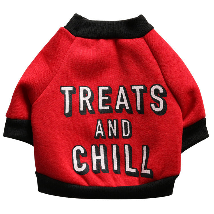 “Treats & Chill” Dog Sweatshirt – Cozy Fleece Pet Hoodie for Small & Medium Dogs – Red with White Letters & Black Trim