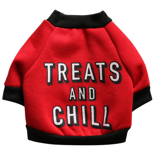 “Treats & Chill” Dog Sweatshirt – Cozy Fleece Pet Hoodie for Small & Medium Dogs – Red with White Letters & Black Trim