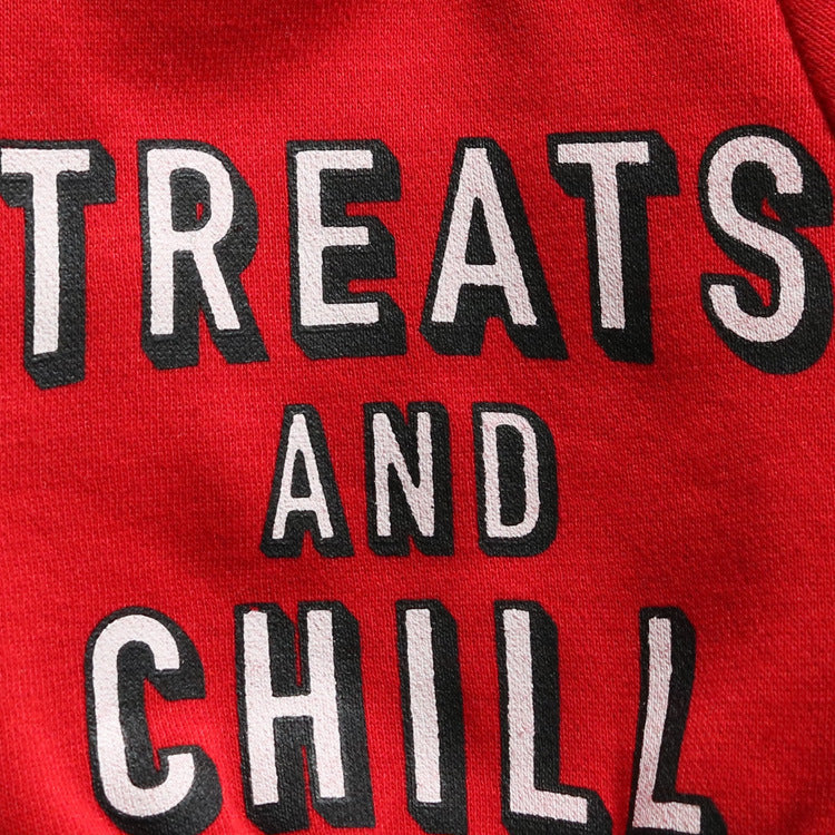 “Treats & Chill” Dog Sweatshirt – Cozy Fleece Pet Hoodie for Small & Medium Dogs – Red with White Letters & Black Trim