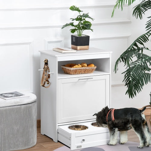 🐾 PawHut Dog Feeding Station Cabinet – Raised Bowls & Pet Food Storage Organizer, White
