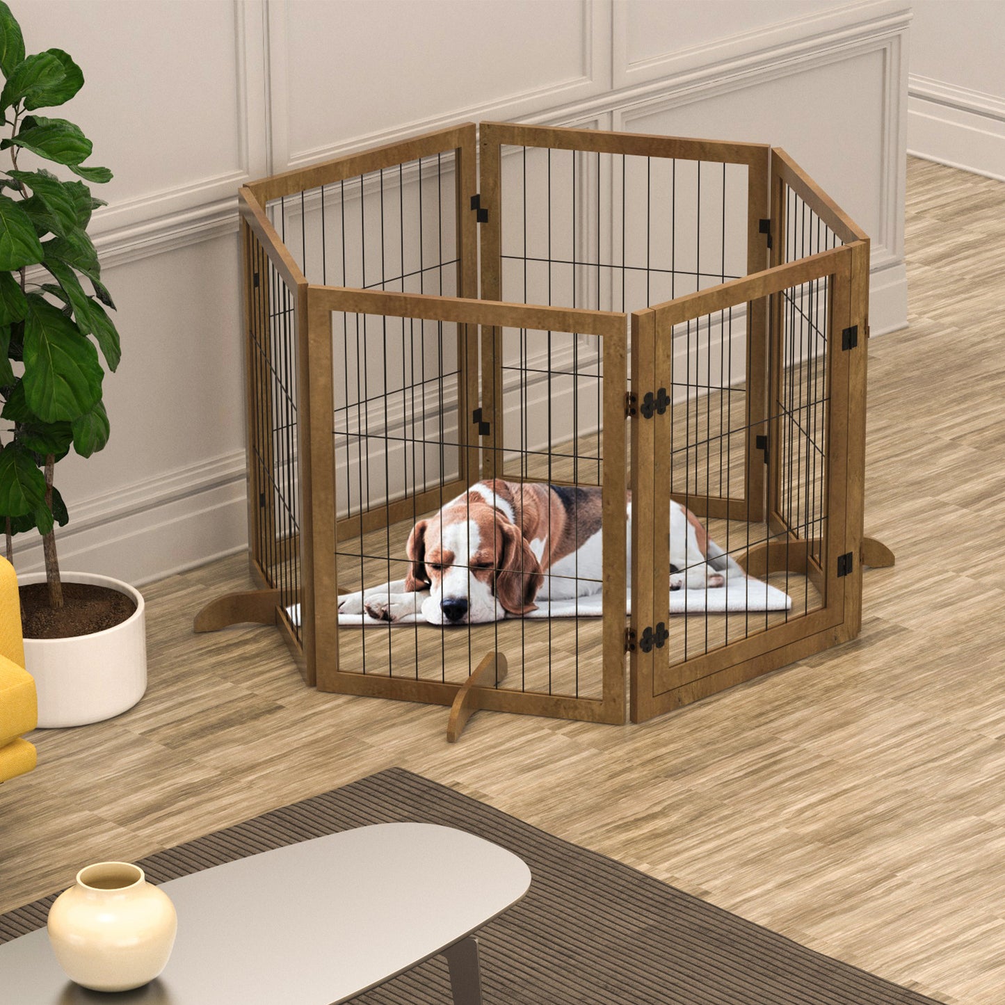 Elegant 144" Foldable Wooden Dog Gate with Door – 6-Panel Pet Barrier for Stylish Indoor Spaces