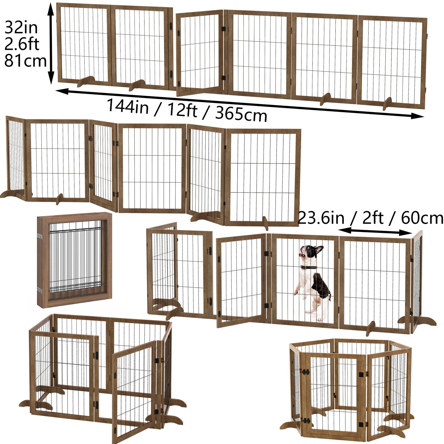 Elegant 144" Foldable Wooden Dog Gate with Door – 6-Panel Pet Barrier for Stylish Indoor Spaces