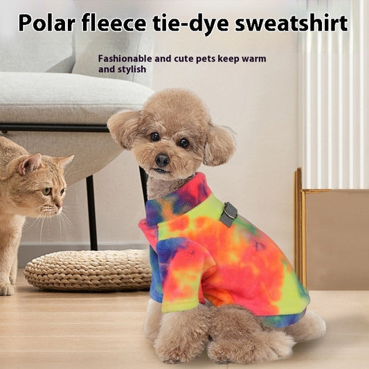Colorful Tie Dye Pet Sweatshirt – Cozy Polar Fleece Dog Hoodie with Durable D-Ring & Reflective Safety Tape